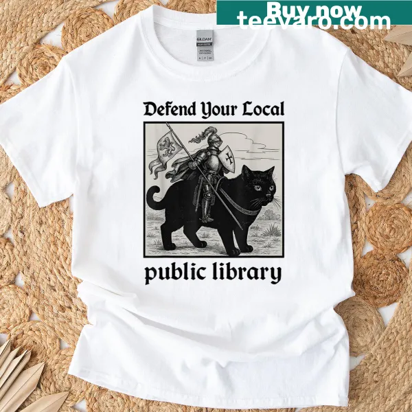 Humorous T-shirt featuring a knight cat defending a library