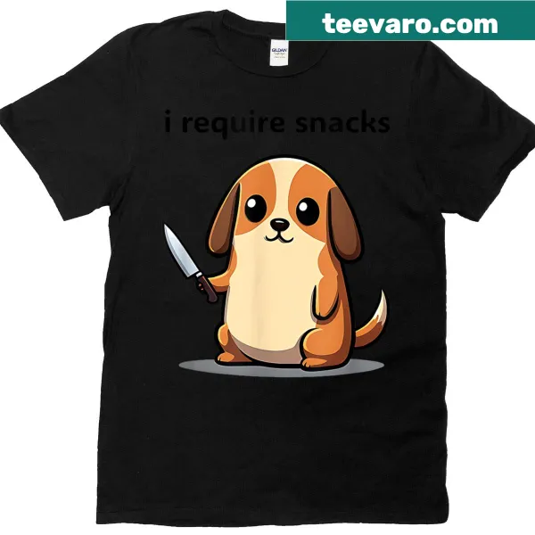 Funny dog meme T-shirt with cartoon dog saying 'I Require Snacks'