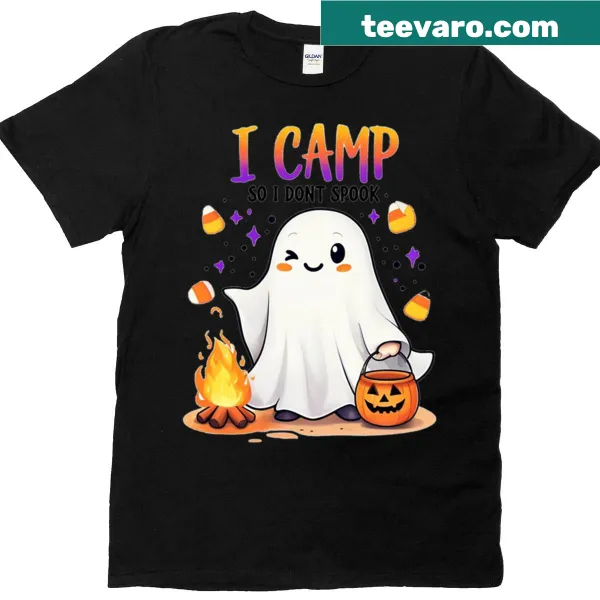 Cute ghost graphic t-shirt for kids celebrating Halloween while camping.