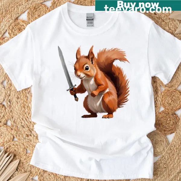 Cartoon squirrel holding a sword in a funny graphic design