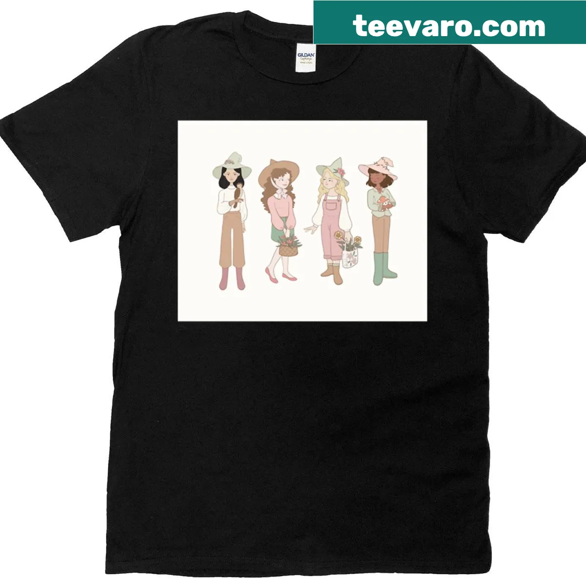 T-shirt with whimsical garden witch illustrations — on a men's t-shirt