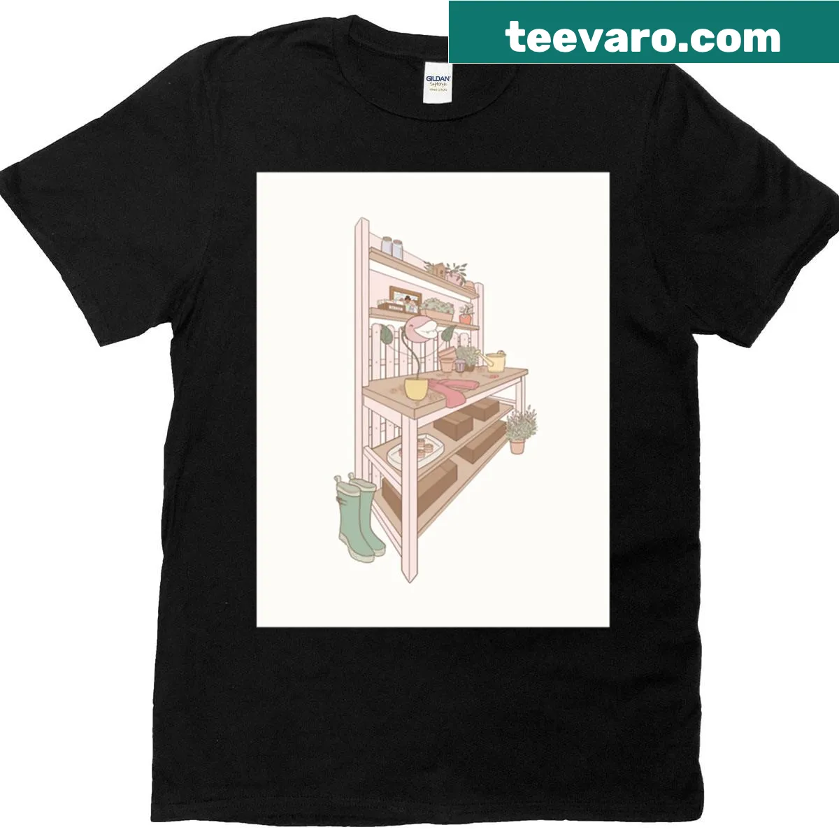 Illustration of a garden witch at a potting bench on a T-shirt — on a men's t-shirt