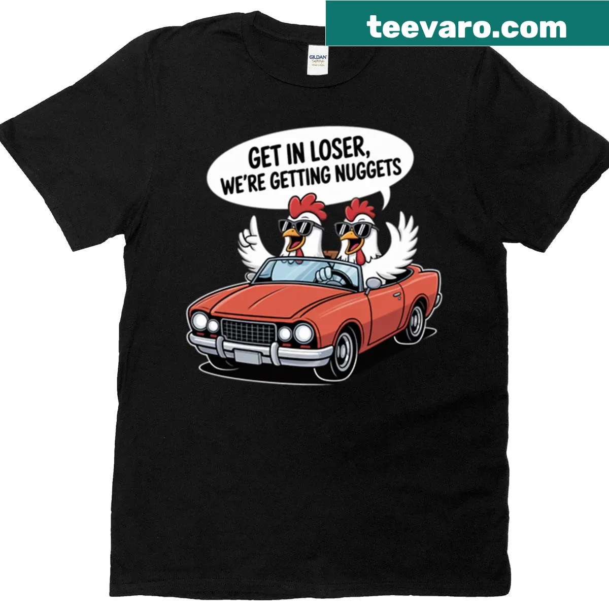 Playful T-shirt with Get In Loser We’re Getting Nuggets phrase — on a men's t-shirt