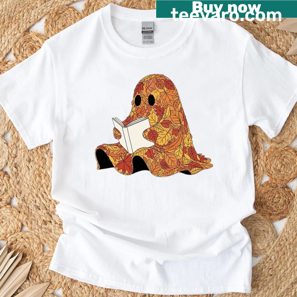 Cartoon ghost reading a book in a playful design — on a men's t-shirt