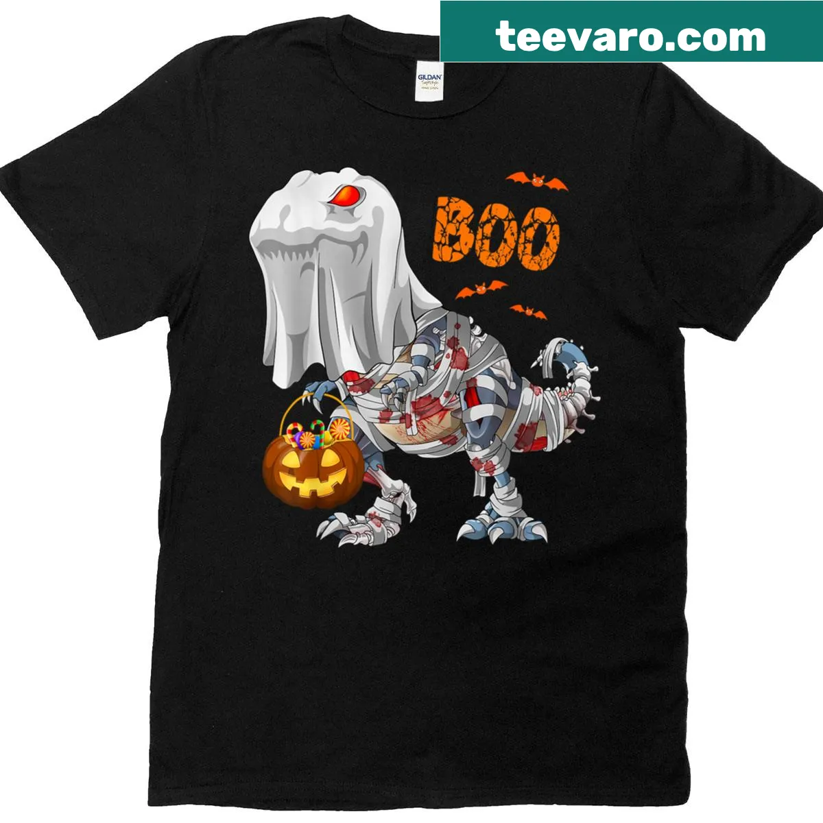 Funny Halloween T-shirt with ghost, zombie, mummy, and dinosaur graphics — on a men's t-shirt