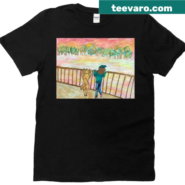 Illustrated t-shirt depicting a girl and her dog at sunset