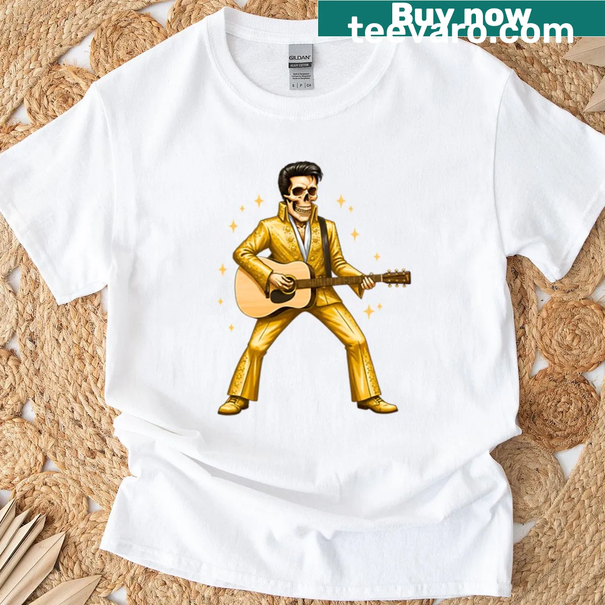 Elvis Presley skull graphic T-shirt in a golden suit — on a men's t-shirt