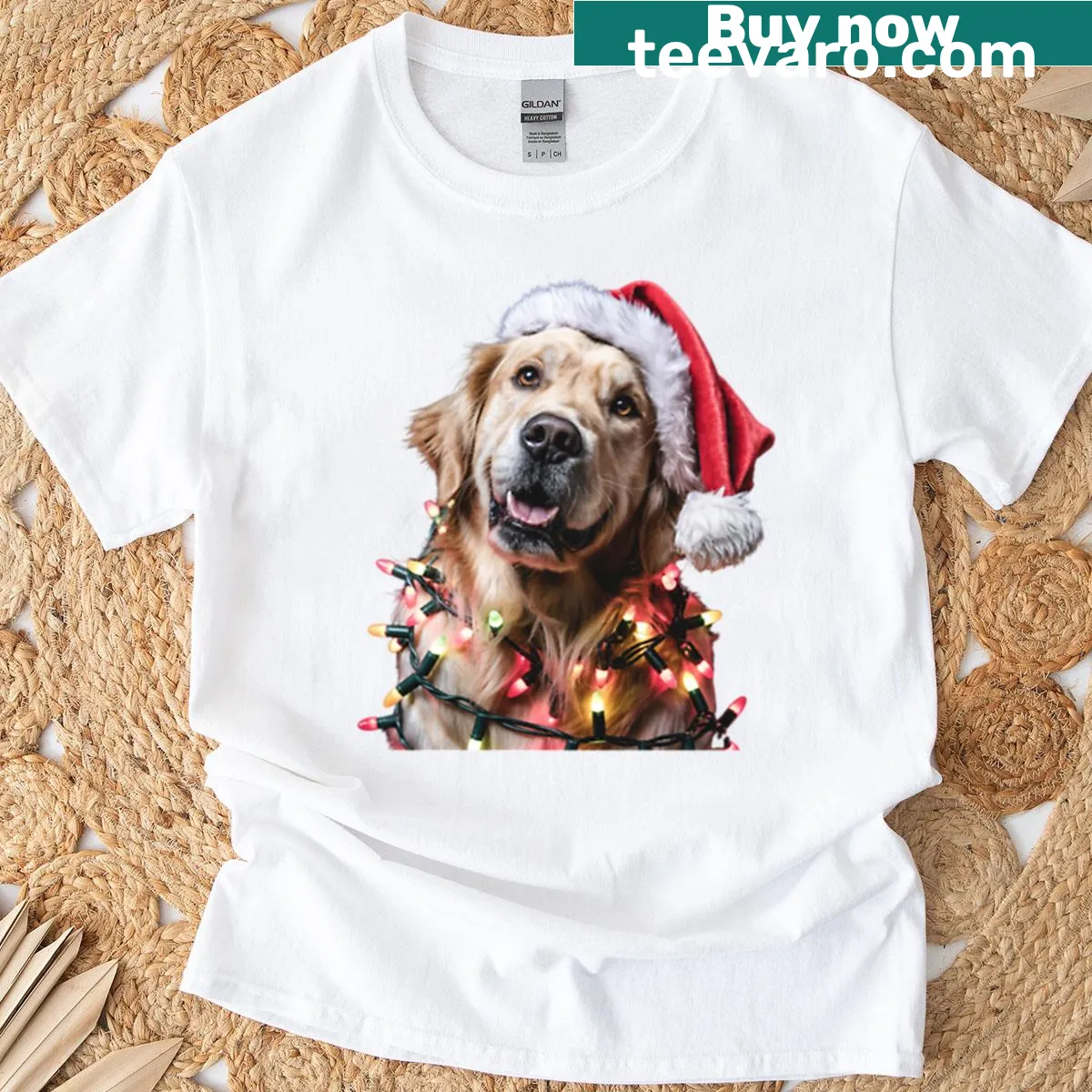 Golden retriever in a Santa hat wrapped in Christmas lights — on a men's t-shirt