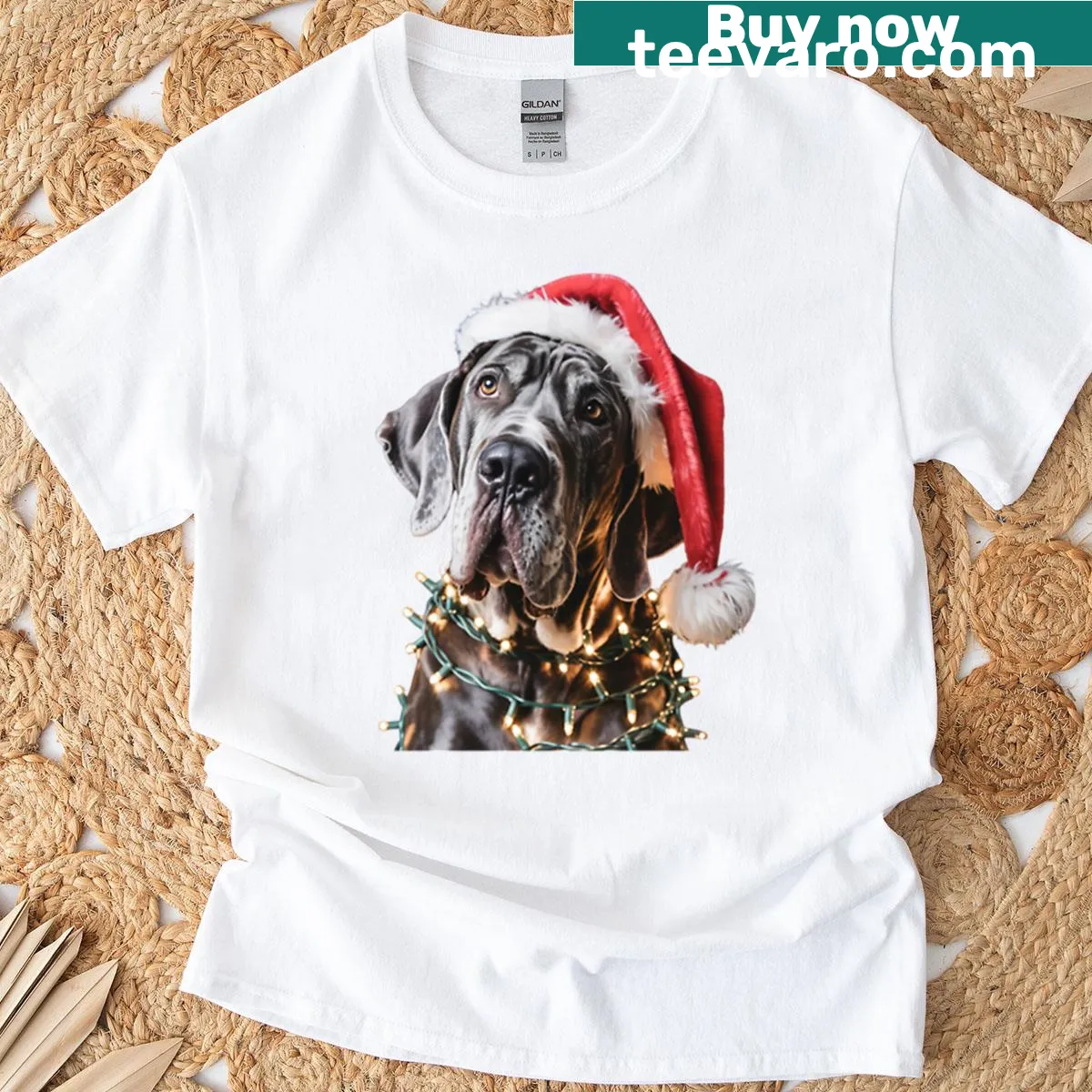 Great Dane in Santa hat wrapped in Christmas lights graphic — on a men's t-shirt