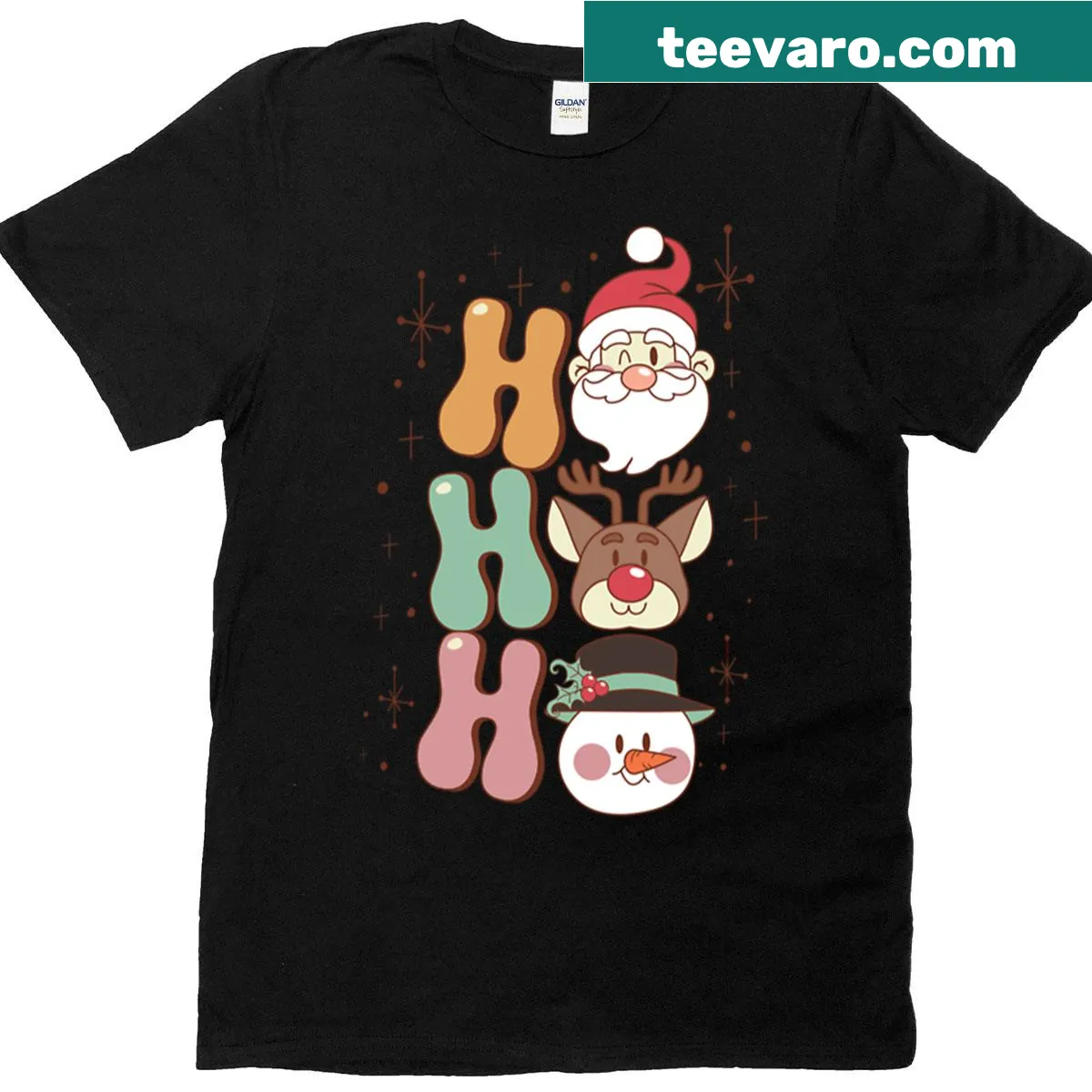 Groovy Christmas t-shirt with Santa, reindeer, and snowman design — on a men's t-shirt