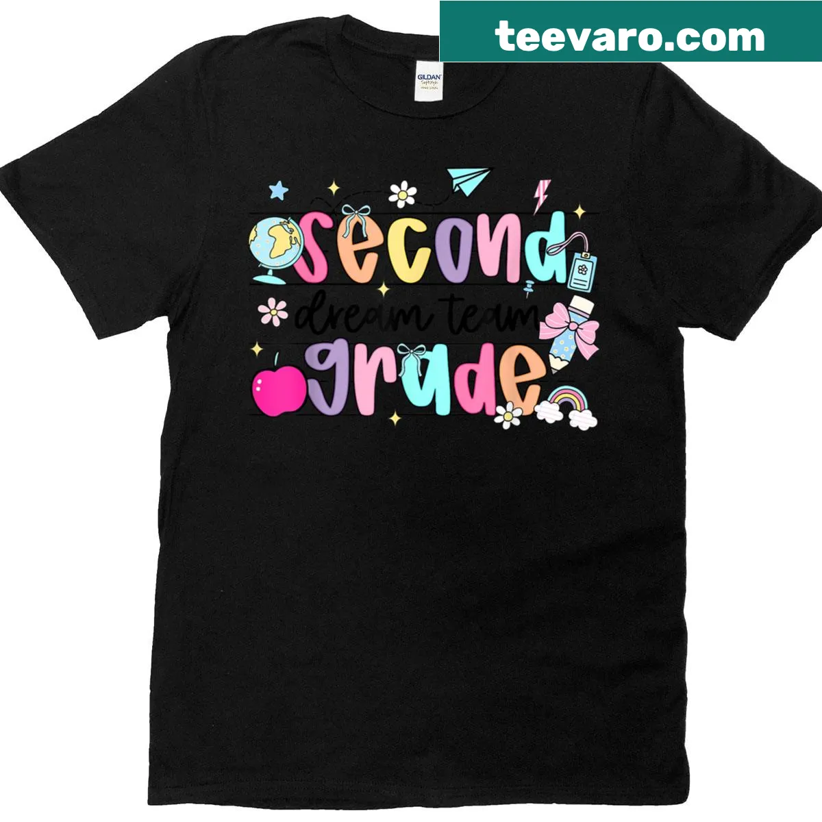 Groovy teacher T-shirt for second grade with playful design — on a men's t-shirt