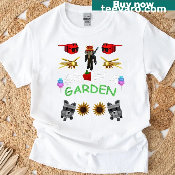 Graphic t-shirt featuring garden-related elements with a gaming twist