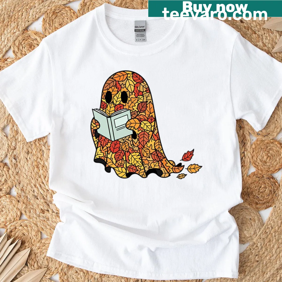 Whimsical Halloween shirt featuring spooky bookish graphics — on a men's t-shirt