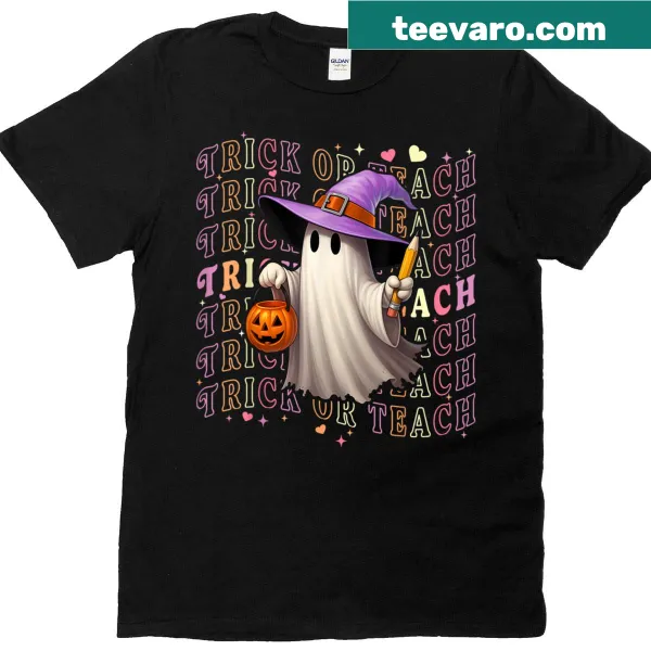 Ghost-themed Halloween T-shirt suitable for teachers and kids