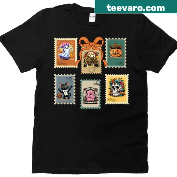 Halloween-themed T-shirt with playful stamp designs of iconic Halloween symbols