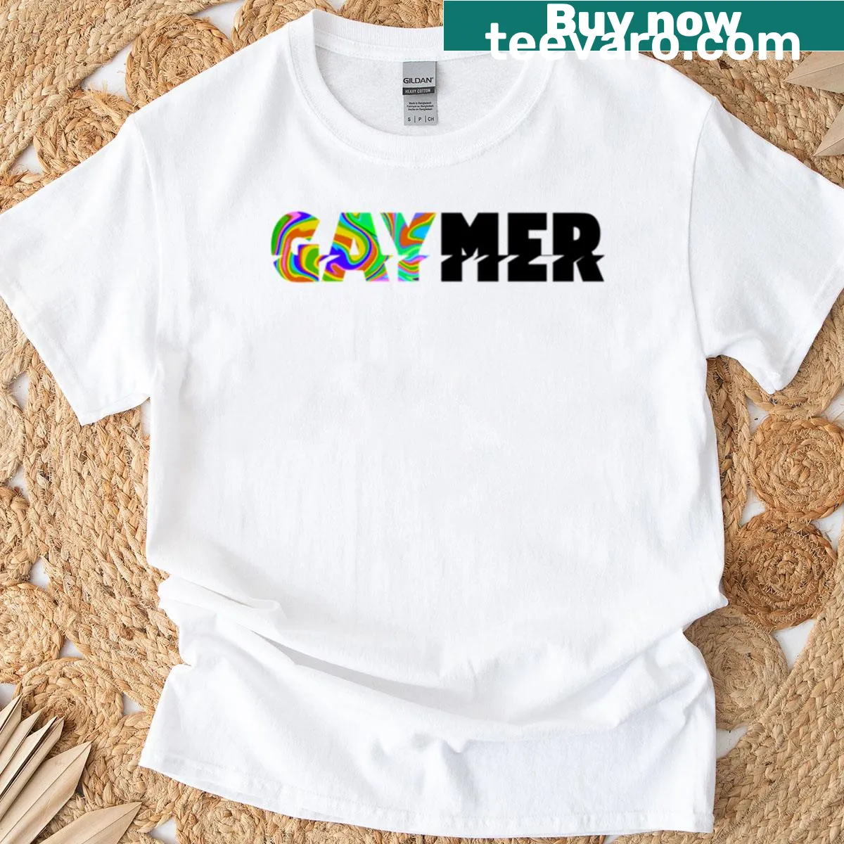Cheerful gaming-themed illustration on a colorful t-shirt — on a men's t-shirt