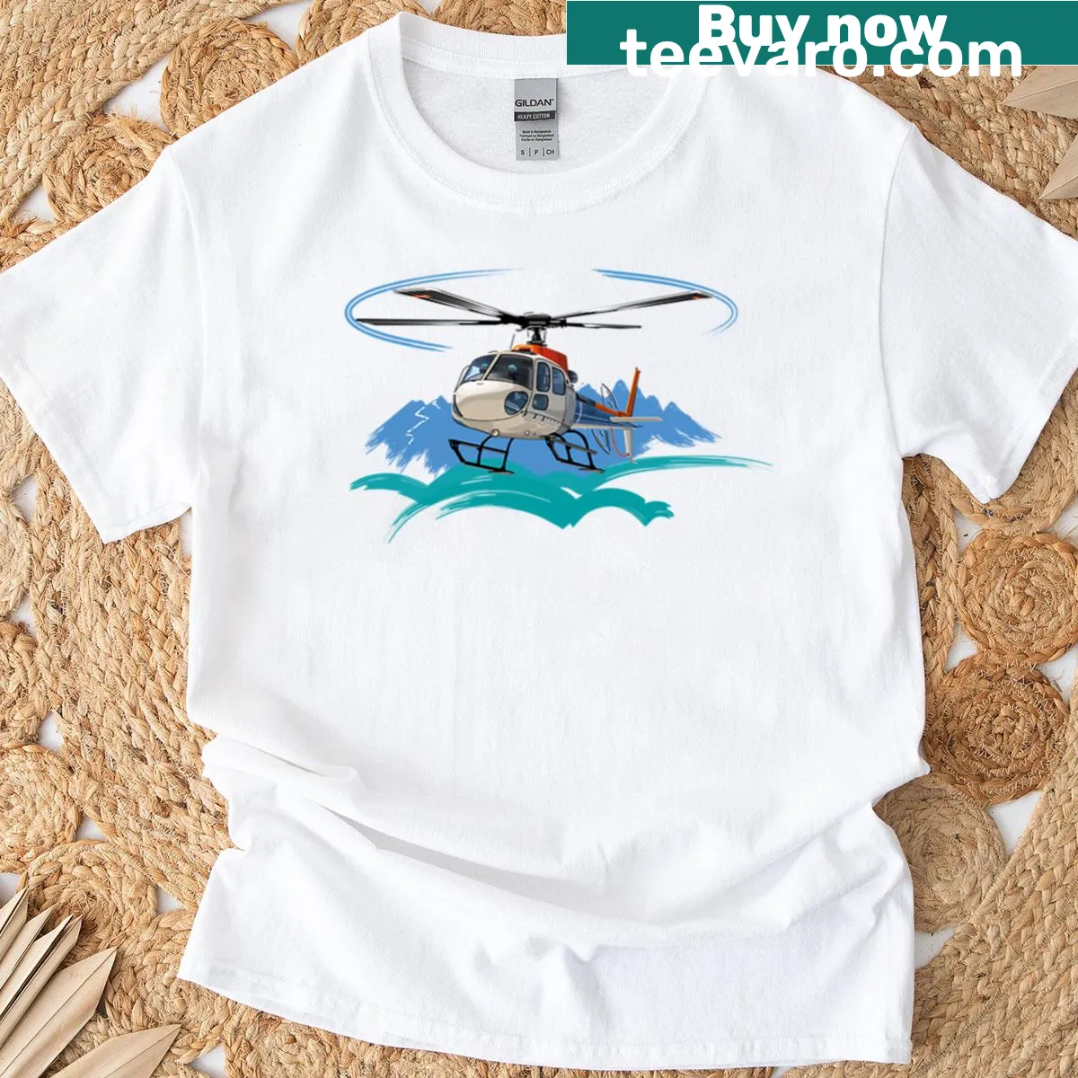 Illustrated shirt with a helicopter graphic — on a men's t-shirt