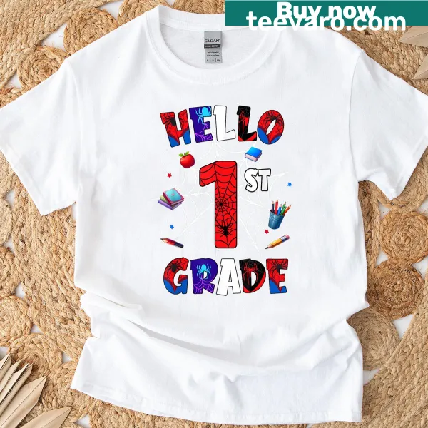 Hello 1st Grade Squad t-shirt featuring a friendly spider graphic