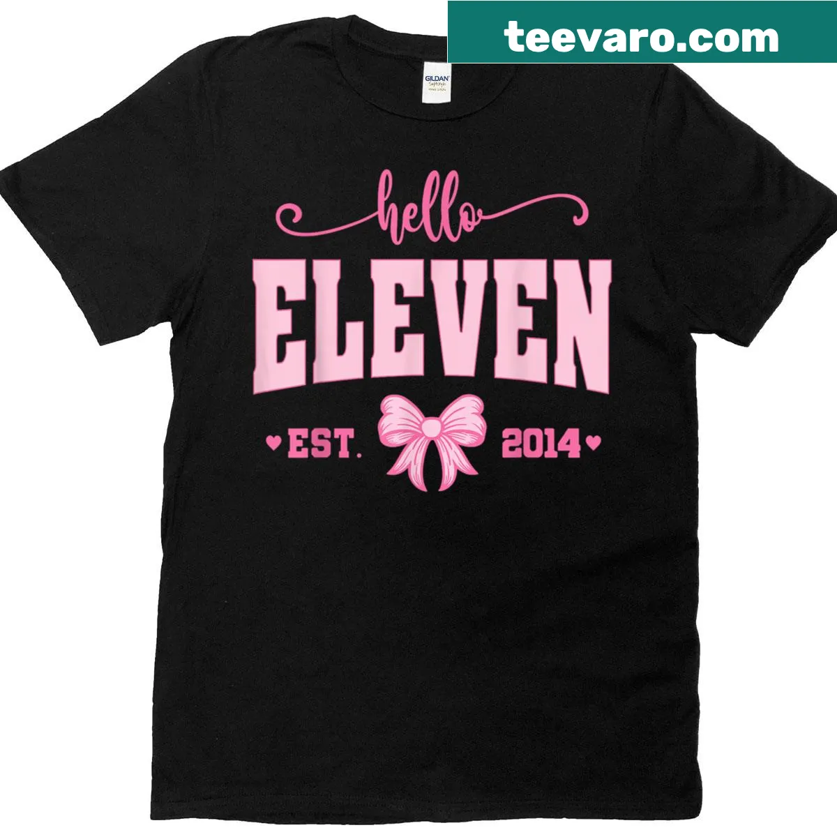 Illustrated birthday tee with a bow and the text 'Hello Eleven Est 2014' — on a men's t-shirt
