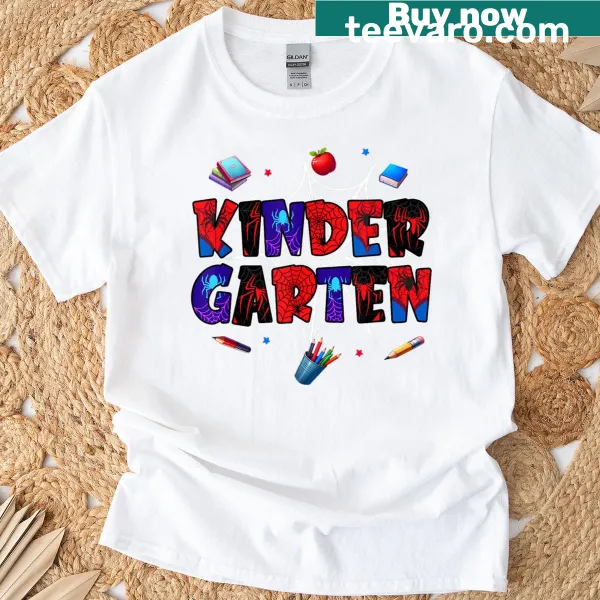 Illustrated Kinder t-shirt with a friendly spider and text for kids