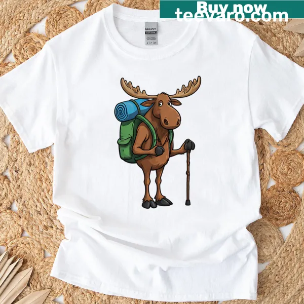 Illustrated moose with a backpack on a hiking-themed t-shirt