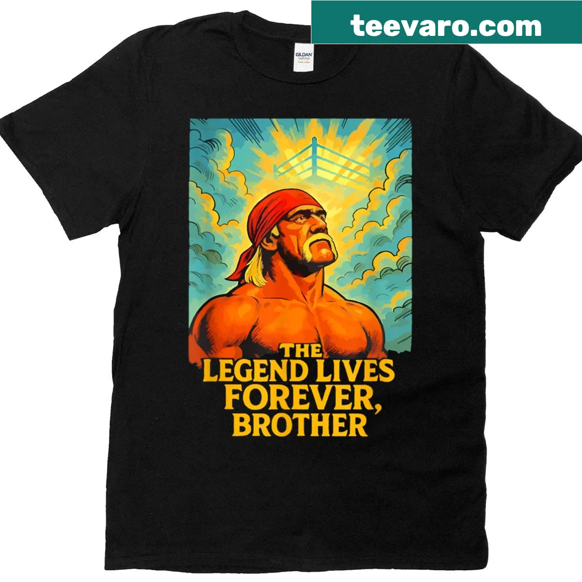 Retro Hogan Lives Forever t-shirt with bold lettering — on a men's t-shirt