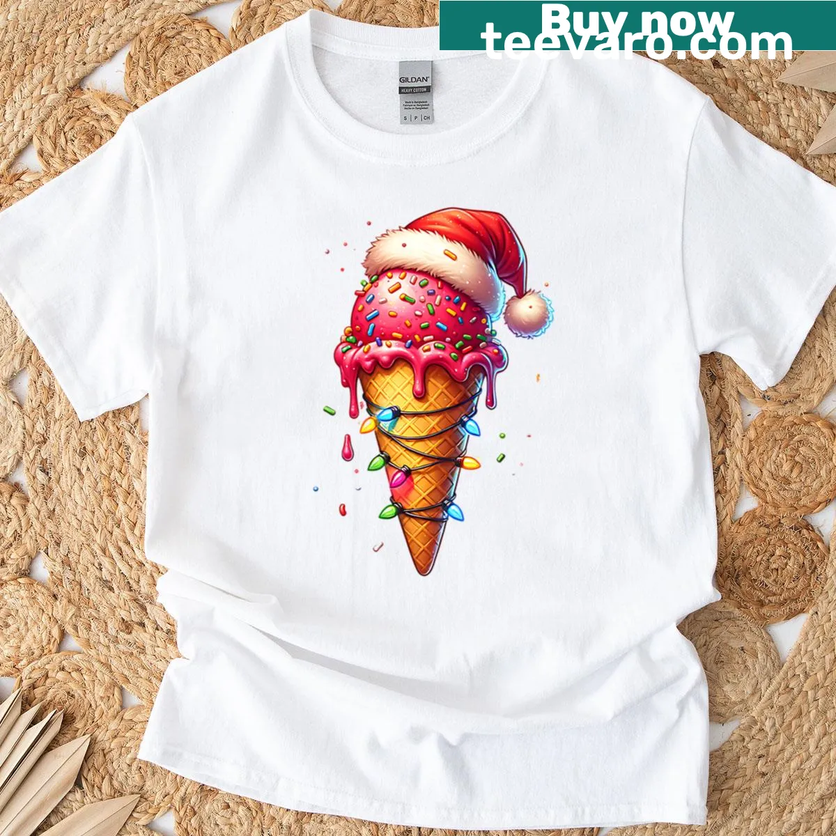 Ice cream cone in lights and Santa hat graphic on t-shirt — on a men's t-shirt