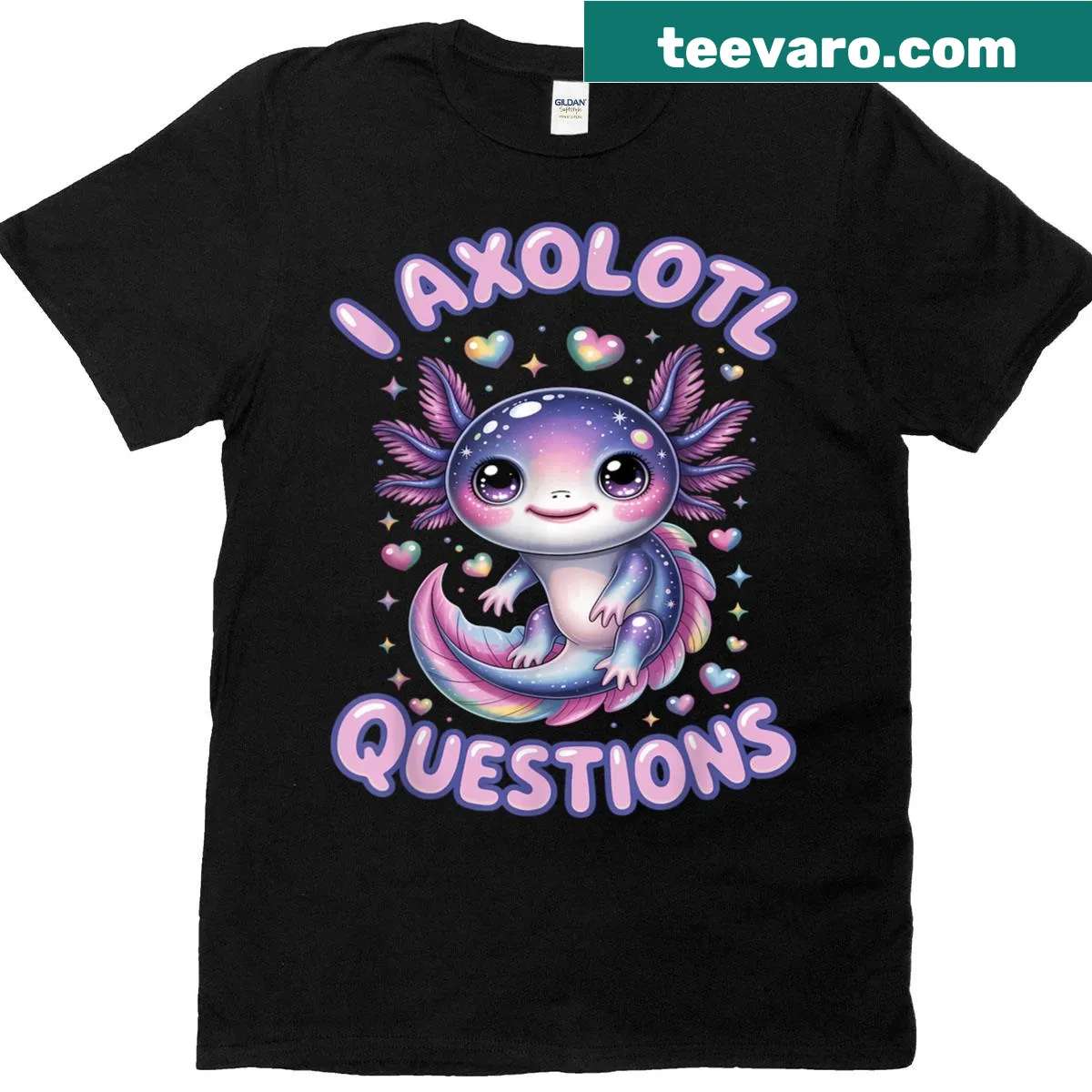 Funny t-shirt with an axolotl graphic and the phrase 'I Axolotl Questions' — on a men's t-shirt