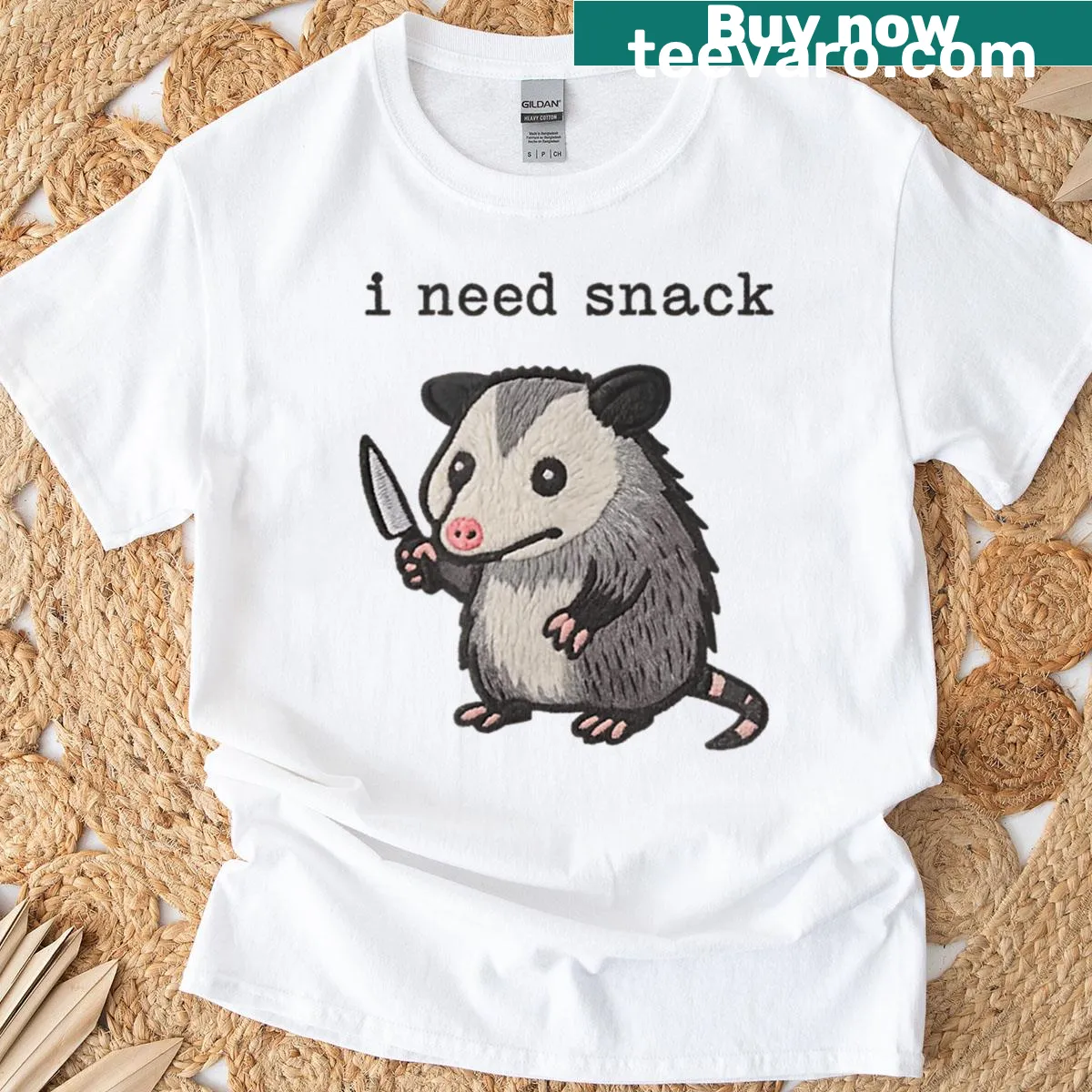 Meme-style T-shirt with a screaming opossum and snack phrase — on a men's t-shirt