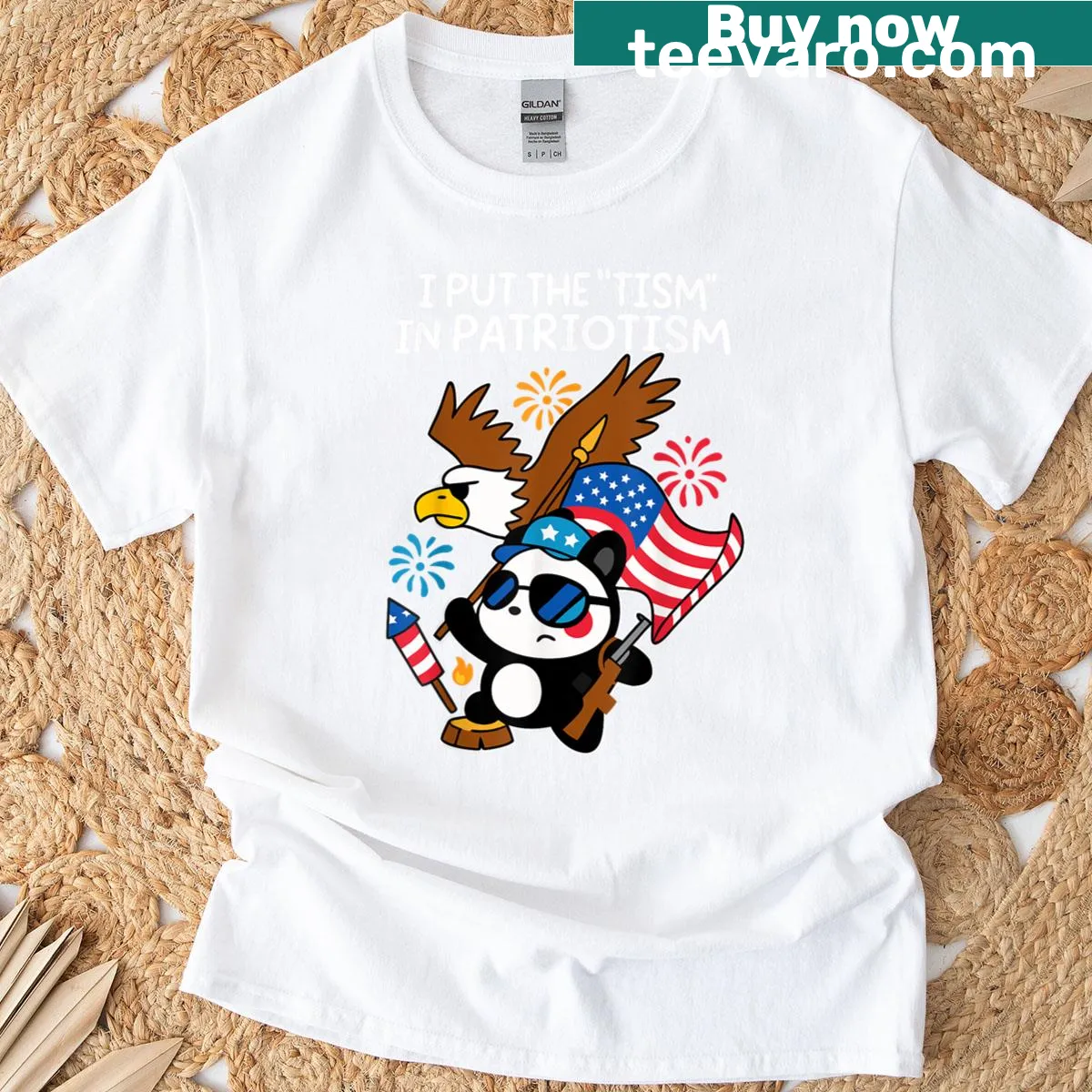 Patriotic T-shirt with eagle and panda graphic and clever text — on a men's t-shirt