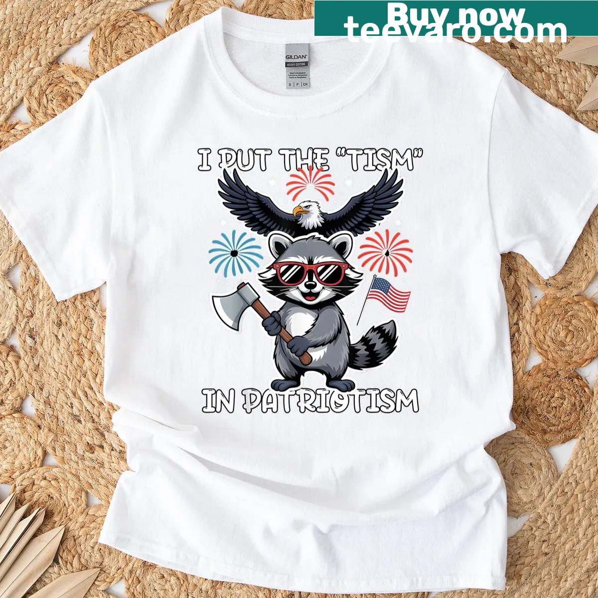 Cartoon eagle and raccoon design with a patriotic phrase — on a men's t-shirt