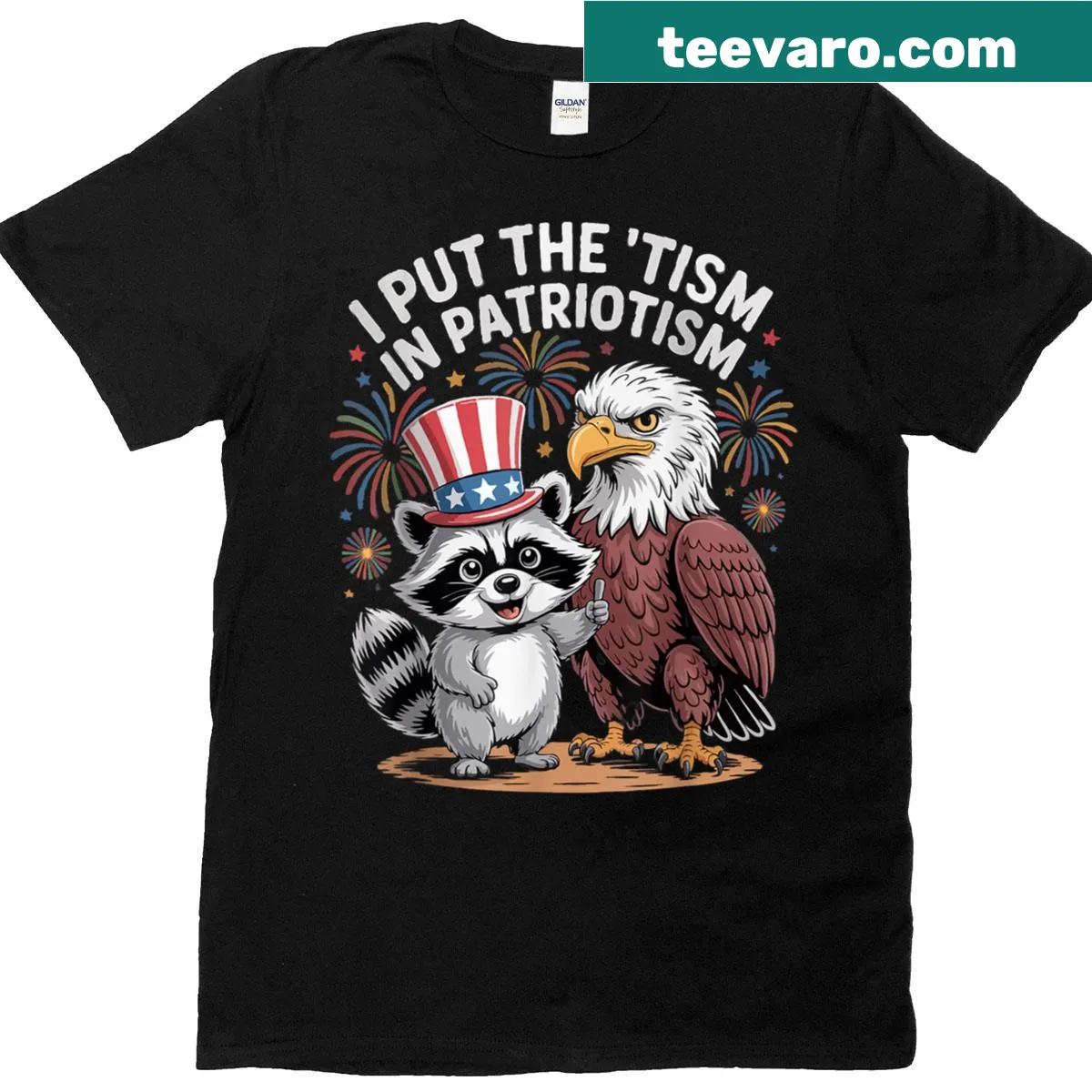Funny raccoon t-shirt with patriotic theme and playful text — on a men's t-shirt