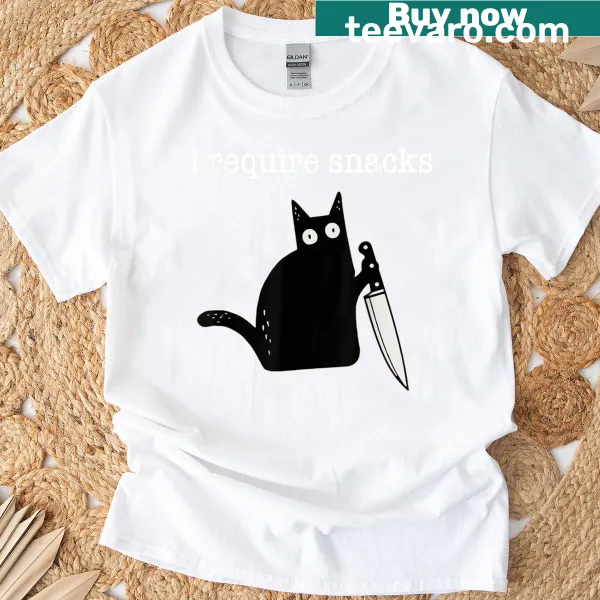 Funny cat-themed I Require Snacks T-shirt design