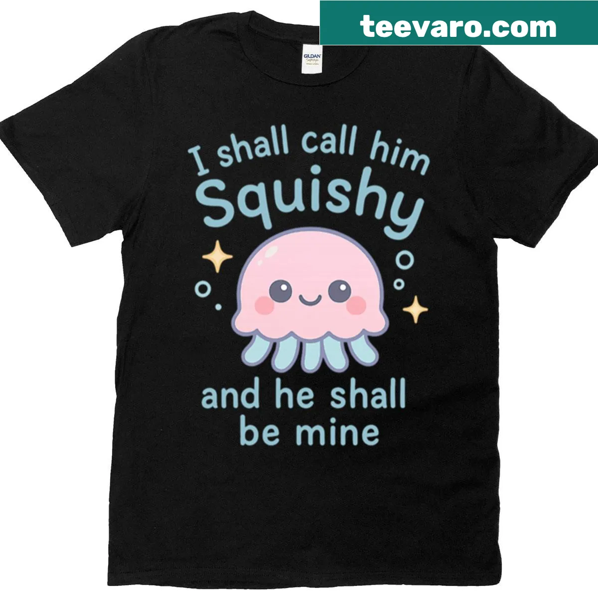 Cute kawaii jellyfish graphic with playful quote on T-shirt — on a men's t-shirt