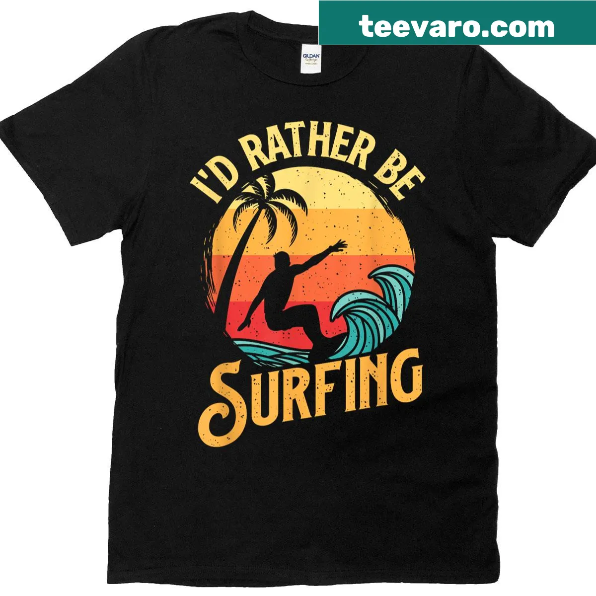 Playful t-shirt with surfing theme and slogan about the beach — on a men's t-shirt