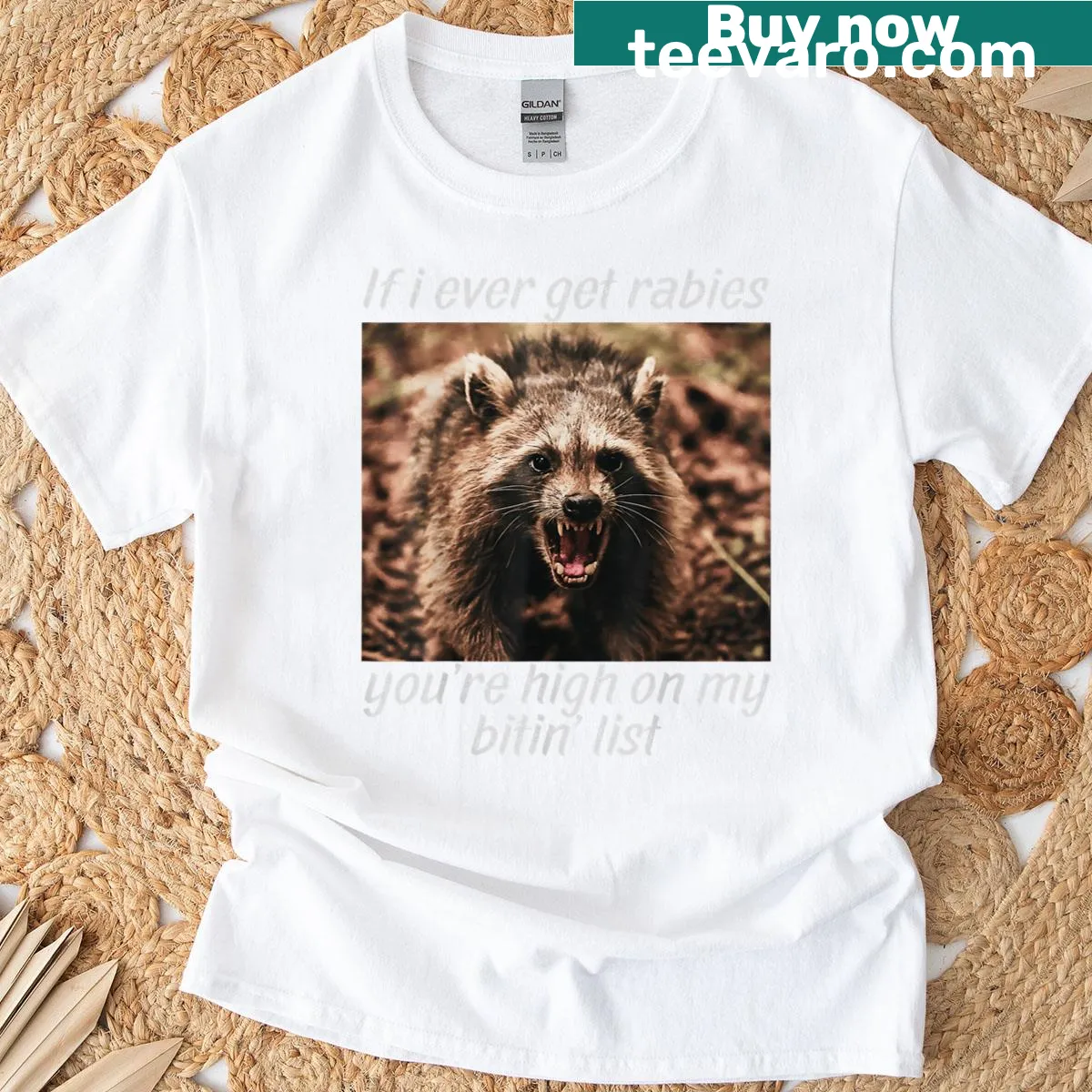Meme t-shirt with humorous text about rabies and biting — on a men's t-shirt