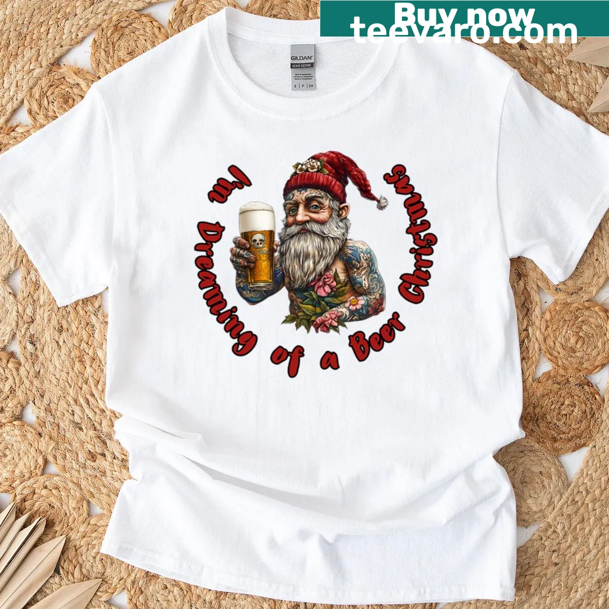 Festive design with beer-themed Christmas illustration — on a men's t-shirt