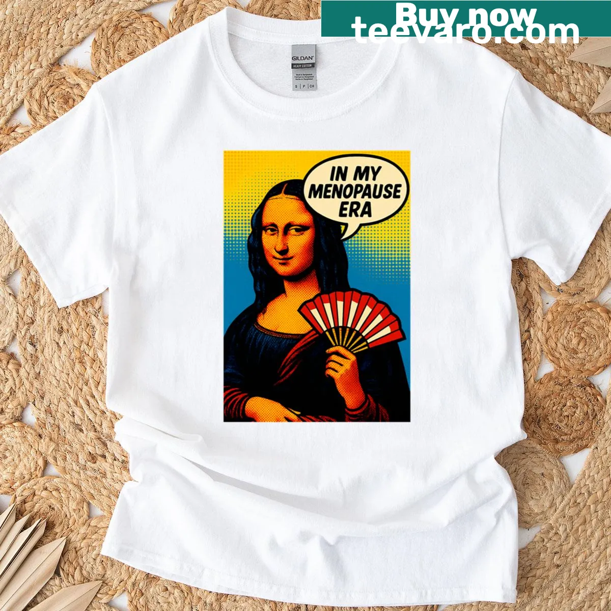 Funny pop art shirt featuring the Mona Lisa with humorous menopause theme — on a men's t-shirt