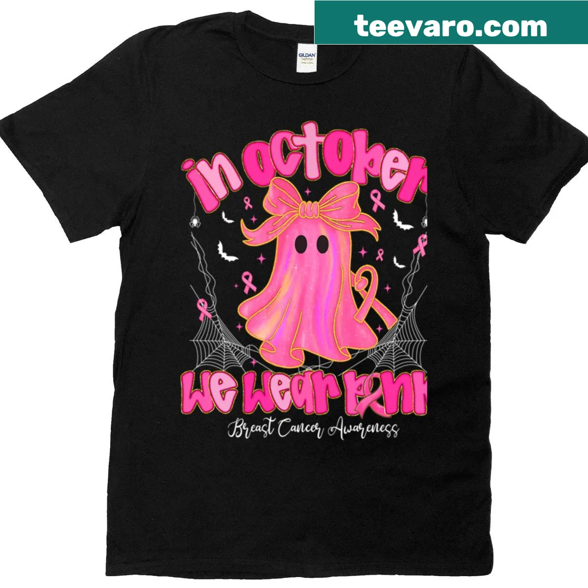 T-shirt with a ghost witch design promoting Breast Cancer Awareness — on a men's t-shirt