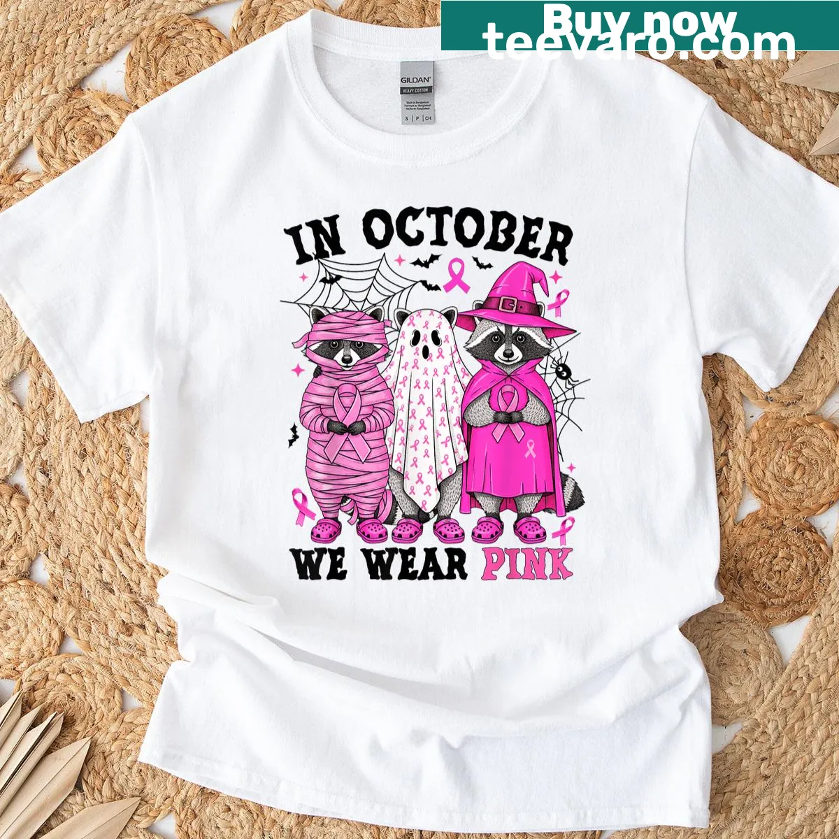 Cute raccoon graphic tee for breast cancer awareness — on a men's t-shirt
