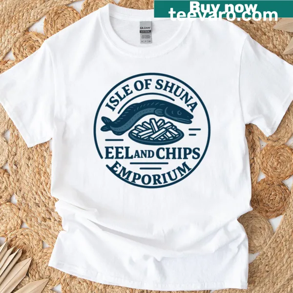 Cartoon eel and chips design on a T-shirt