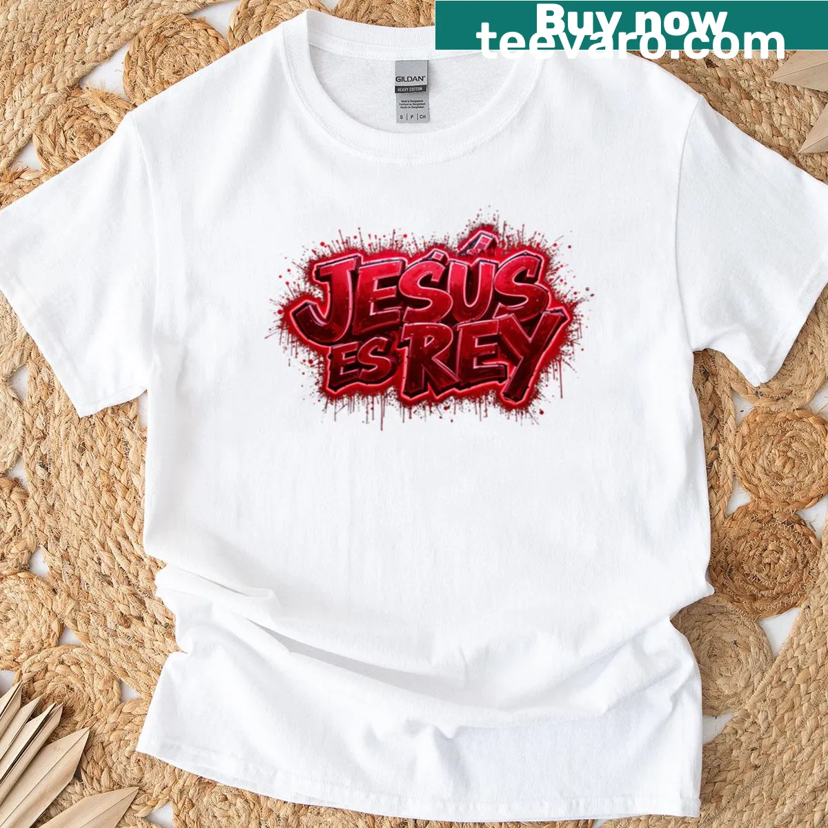 Graffiti art design of 'Jesus Is King' in Spanish on t-shirt — on a men's t-shirt