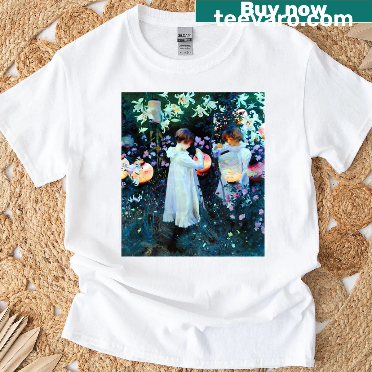 Stylized artistic print of John Singer Sargent's Carnation Lily Lily Rose painting — on a men's t-shirt