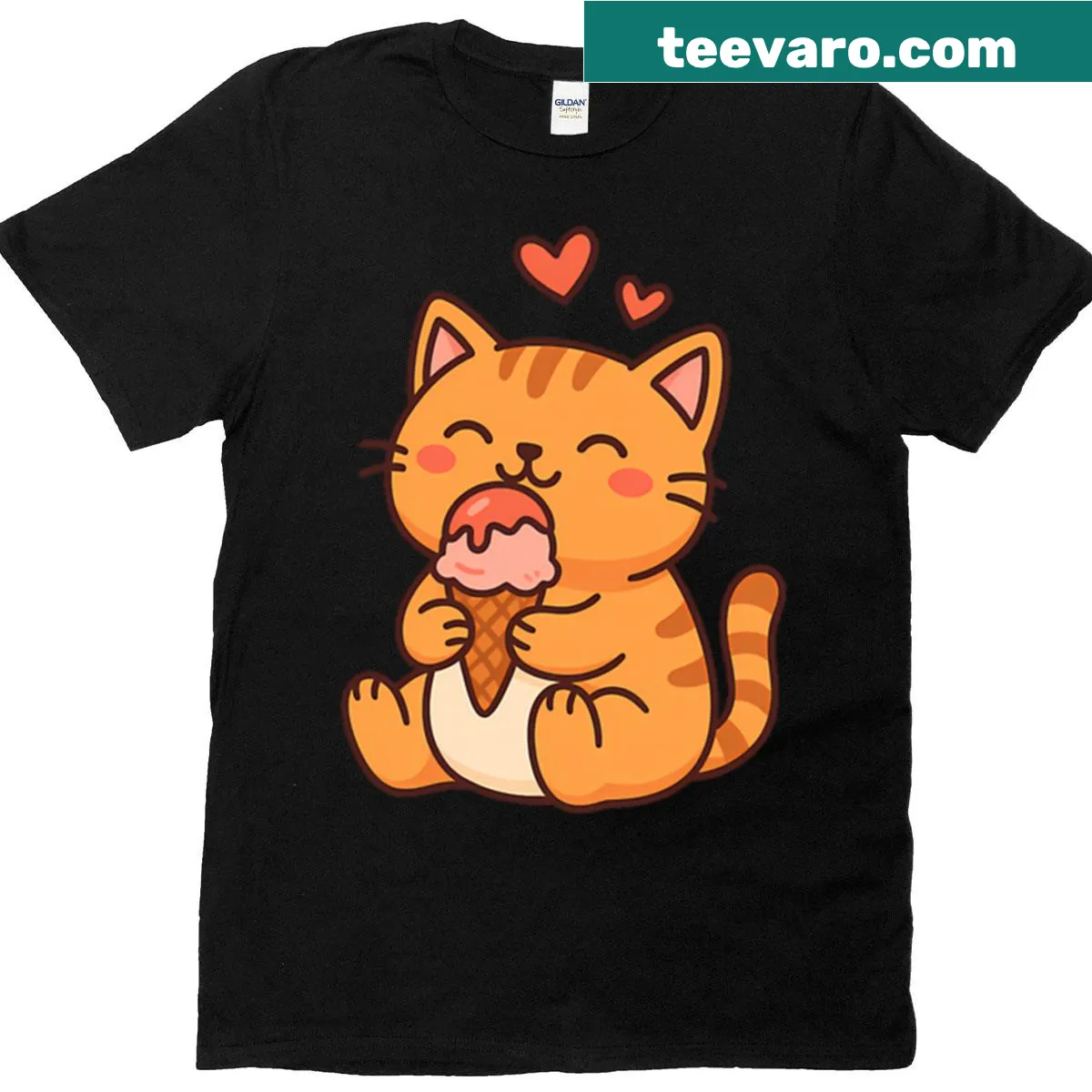 Cute Kawaii cat graphic enjoying an ice cream cone on a T-shirt — on a men's t-shirt
