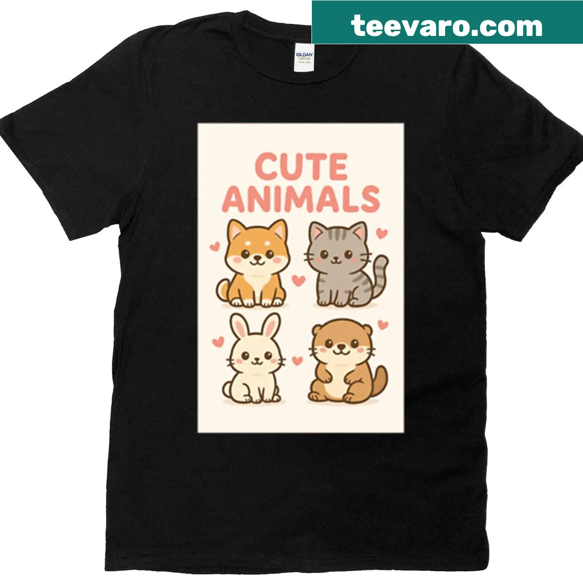 Kawaii animals design with bunny, Shiba Inu, otter, and cat — on a men's t-shirt