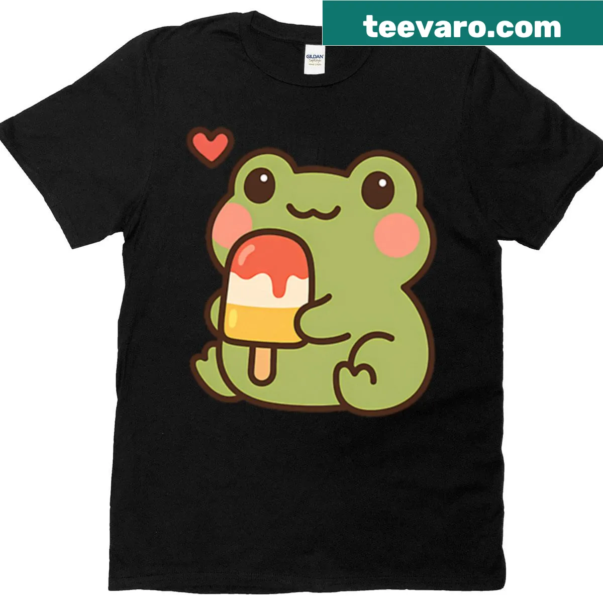 Kawaii T-shirt with a cute frog eating a popsicle — on a men's t-shirt
