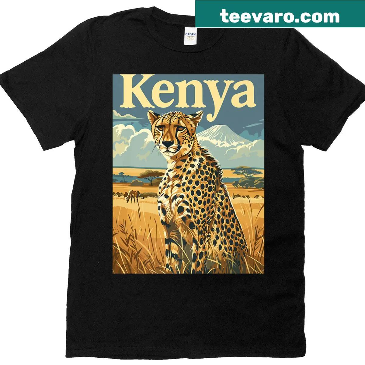Illustrated cheetah landscape safari art t-shirt. — on a men's t-shirt