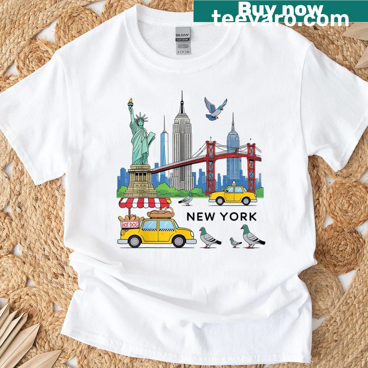 Illustration of NYC icons including yellow taxi and pigeon — on a men's t-shirt