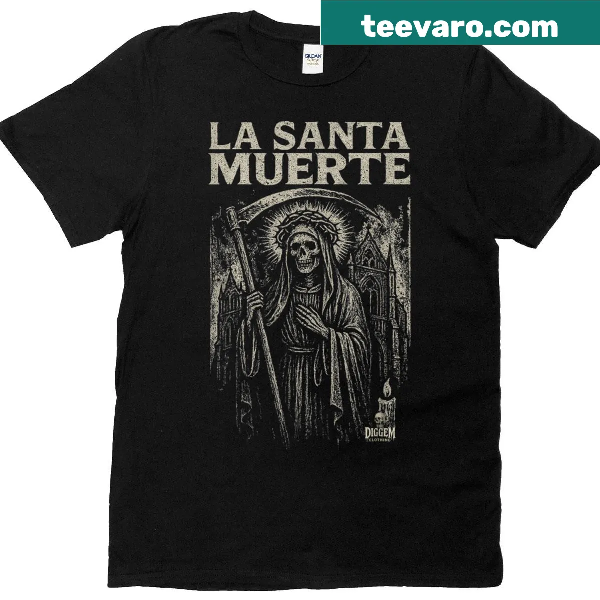 La Santa Muerte design T-shirt with doom metal religious icon art — on a men's t-shirt