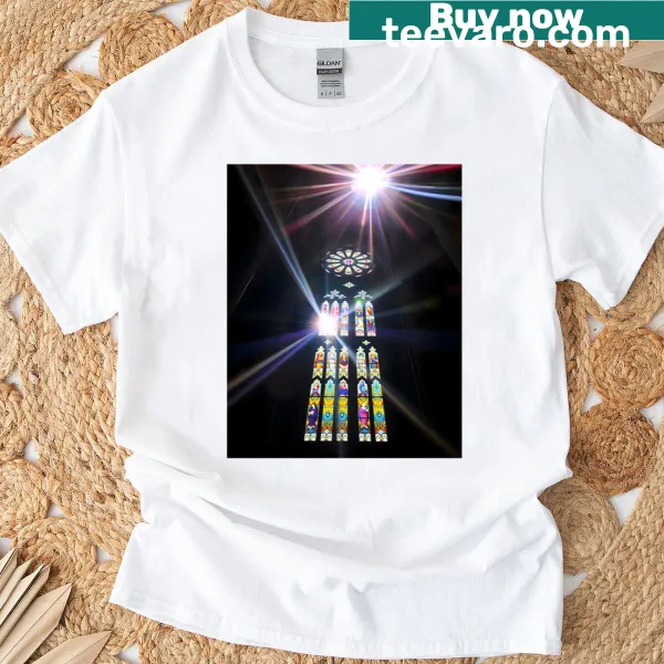 T-shirt with an abstract stained glass design featuring lens flare effects